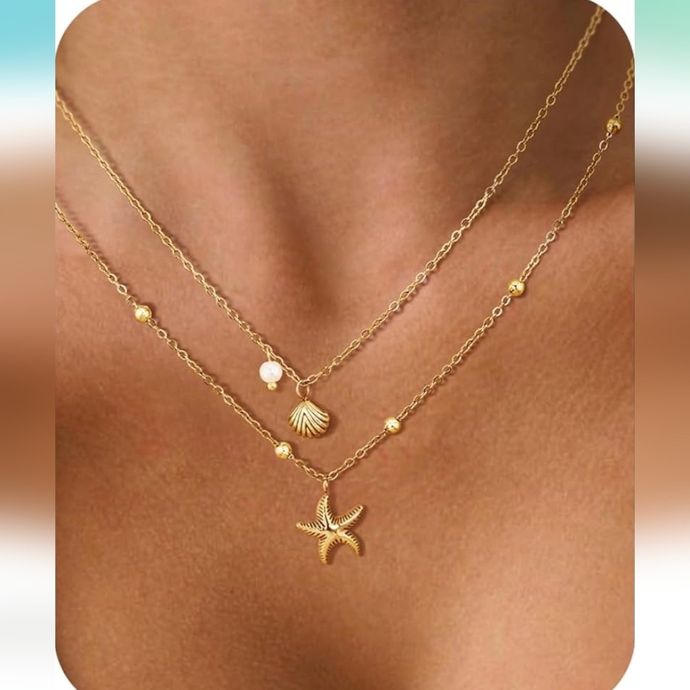 Gold Starfish and Shell Necklace Set